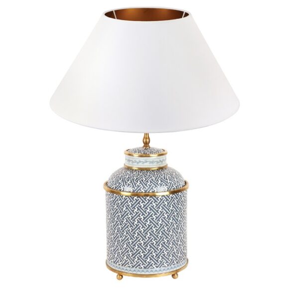Tea bordlampe i messing og porcelæn i blå og hvide farver