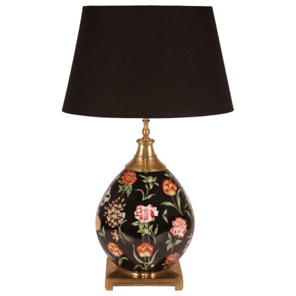 Dråbeformet blomstret bordlampe i porcelæn og messing med sort skærm
