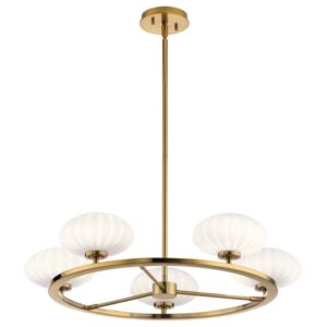 Kgs. Lyngby designer chandelier i rødguld-messing-finish med 5 opalglas og lyskilder