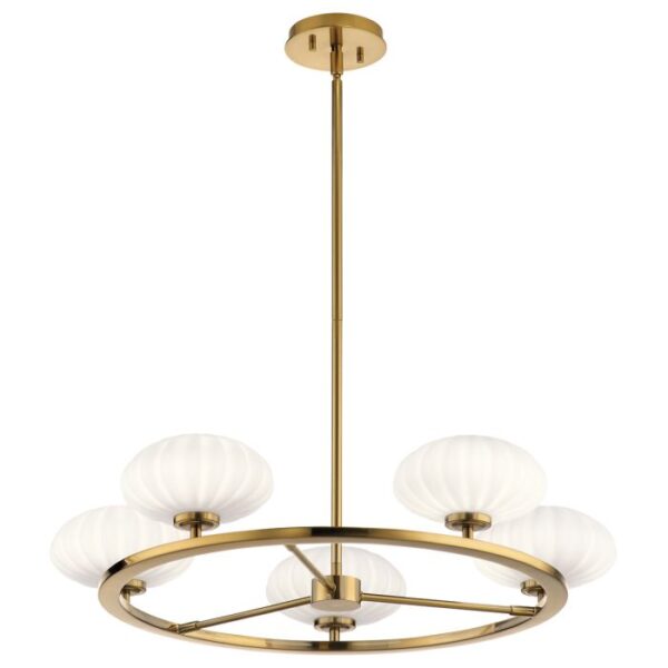 Kgs. Lyngby designer chandelier i rødguld-messing-finish med 5 opalglas og lyskilder