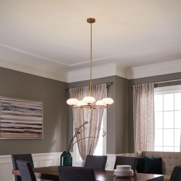 Kgs. Lyngby designer chandelier i rødguld-messing-finish med 5 opalglas og lyskilder - Image 3
