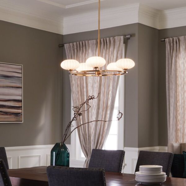 Kgs. Lyngby designer chandelier i rødguld-messing-finish med 5 opalglas og lyskilder - Image 2